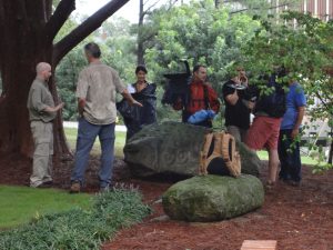 Gary C. Daniels, Scott Walter and Committee Film crew preparing to shoot interview at Forsyth Petroglyph in Athens, GA.