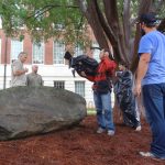 Gary C. Daniels, Scott Walter and Committee Film crew preparing to shoot interview at Forsyth Petroglyph in Athens, GA. for America Unearthed TV series.