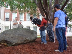 Gary C. Daniels, Scott Walter and Committee Film crew preparing to shoot interview at Forsyth Petroglyph in Athens, GA. for America Unearthed TV series.